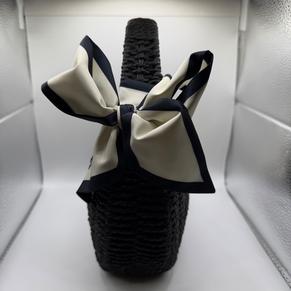 A New Day Black Woven Straw Handbag with Striped Scarf Bow NEW - Picture 2 of 7
